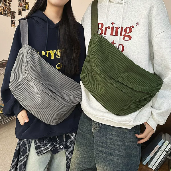 Cross-border corduroy simple sports small crossbody bag, women's casual style, solid color, large capacity, men's lightweight chest bag