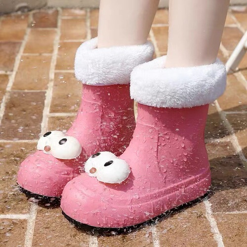Cute cartoon all-season rain boots for women, velvet, warm, non-slip, waterproof shoes, women's rain boots, short-tube outdoor parent-child water boots