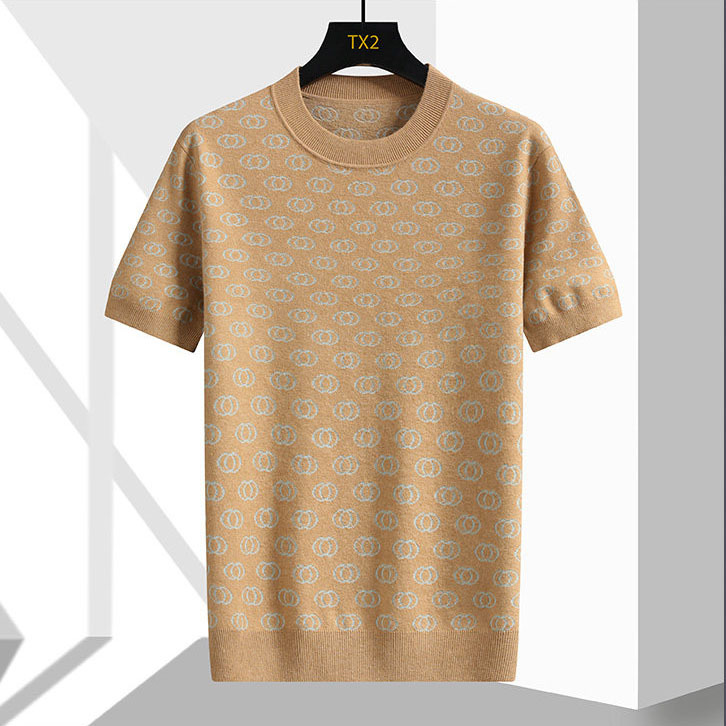 Camisas de punto de estilo antiguo camiseta de manga corta hombre impresa jacquard cuello redondo de negocios de hielo de verano fábrica transfronteriza al por mayor