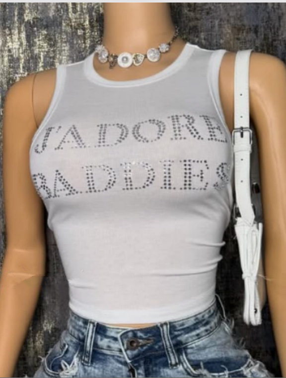 J'ADORE BADDIES Sleeveless Tank Top With Rhinestone Lettering, Fitted, Cropped, Short Style A Chic Look For Women._ecoleips.com