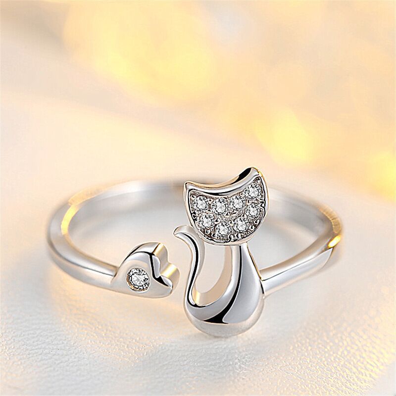 01873 Japanese and Korean Style Simple Diamond Cat Ring Cute Cartoon New Exquisite Open Index Finger Ring for Best Friend