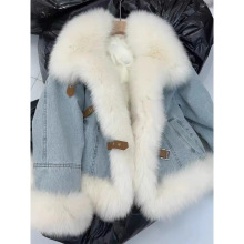 高端韩系羽绒服毛领蓝色牛仔外套女冬季夹绒加厚保暖皮草毛绒大衣