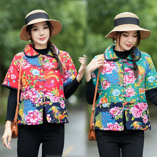 Autumn and Winter ethnic style fleece-lined warm vest short-sleeved cotton-padded coat Chinese retro cotton-padded jacket Waistcoat Vest Chinese style