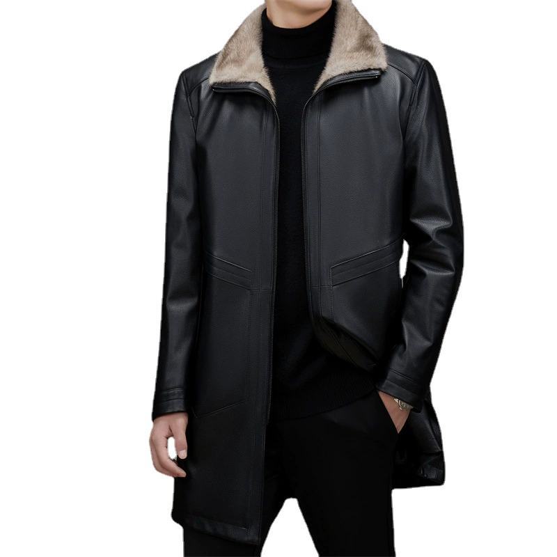 奇阿玛尼亚 Leather long liner for boys, jacket, cowhide, mid-length