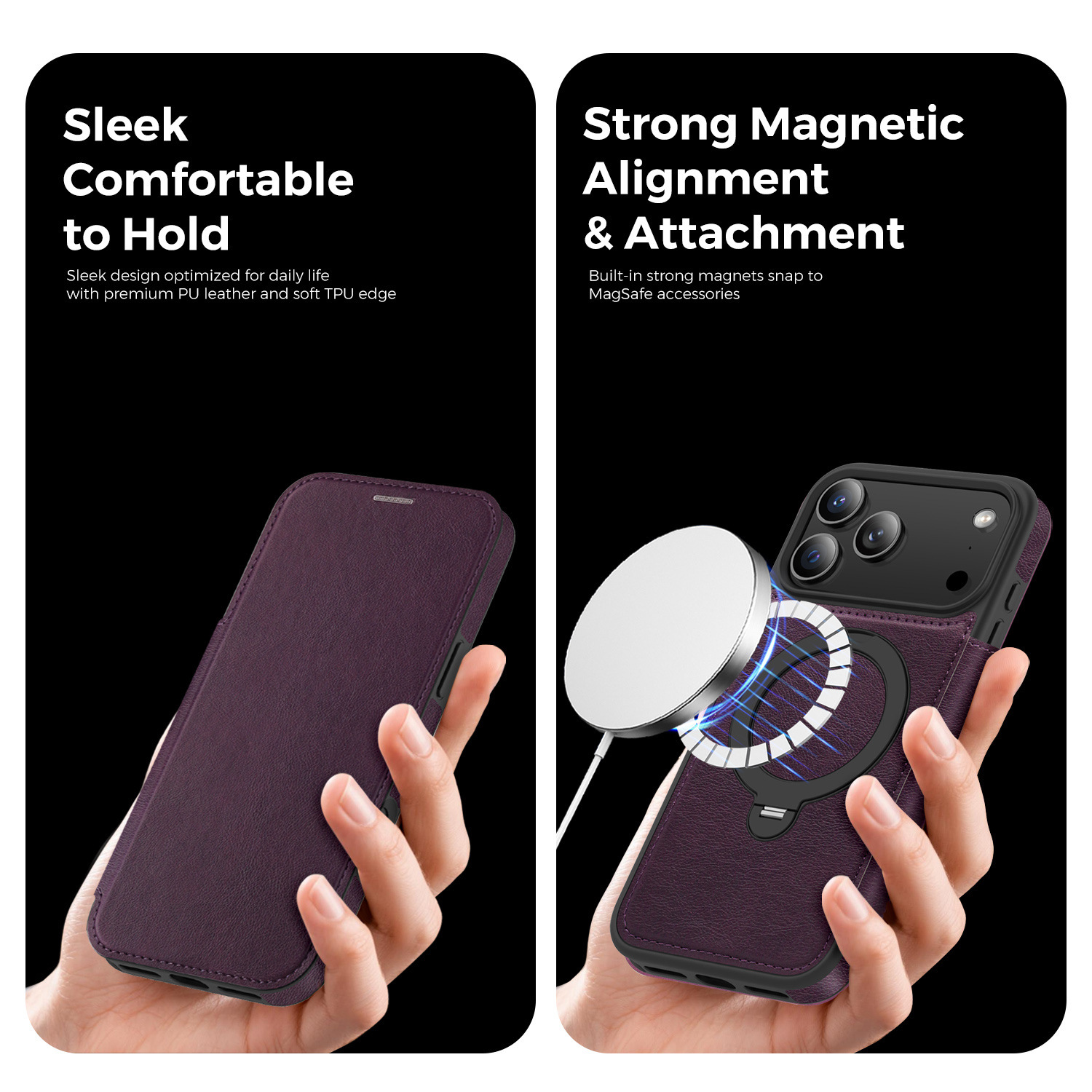 Ốp lưng da lật iPhone 16 Pro Max xoay 360 độ tích hợp giá đỡ từ tính — màu đen, màu xanh hoàng gia, Màu nâu, xám chi tiết 21