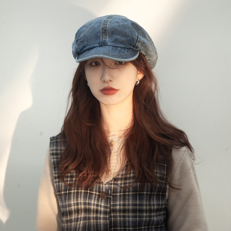 Coreano retro sólido vaquero boina de cabeza grande cara pequeña pintora versátil sombrero de nubes de ocho ángulos sombrero de moda