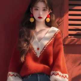 秋新款慵懒风感复古圣诞毛衣软糯灯笼袖V领红色针织上衣女