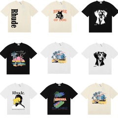 25SS越境欧米潮牌RHU人物ヤシの木のアルファベットプリント半袖tシャツ男女アメリカ高街半袖烽