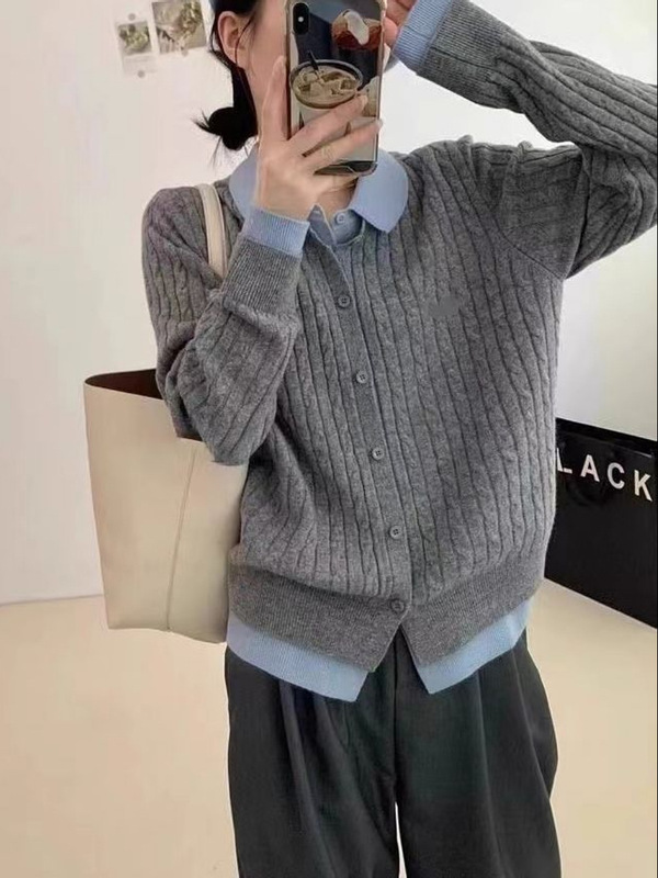欧货翻领拼接针织毛衣女秋2025新款宽松软糯假两件长袖开衫上衣|undefined