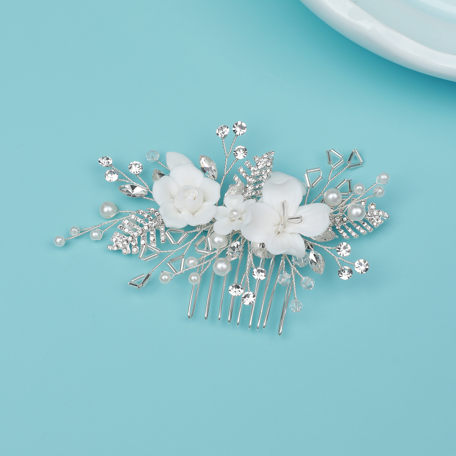 手工製作陶瓷水鑽插梳古風漢服髮飾森系秀禾旗袍發梳新娘頭飾批發