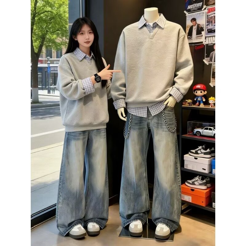 Blue Washed Slub Denim Jeans for Men, Spring Season, Straight Loose Wide-Leg Pants, Trendy High Street Style, Slightly Flared Scimitar Pants Blue Washed Slub Denim Jeans for Men, Spring Season, Straight Loose Wide-Leg Pants, Trendy High Street Style, Slightly Flared Scimitar Pants