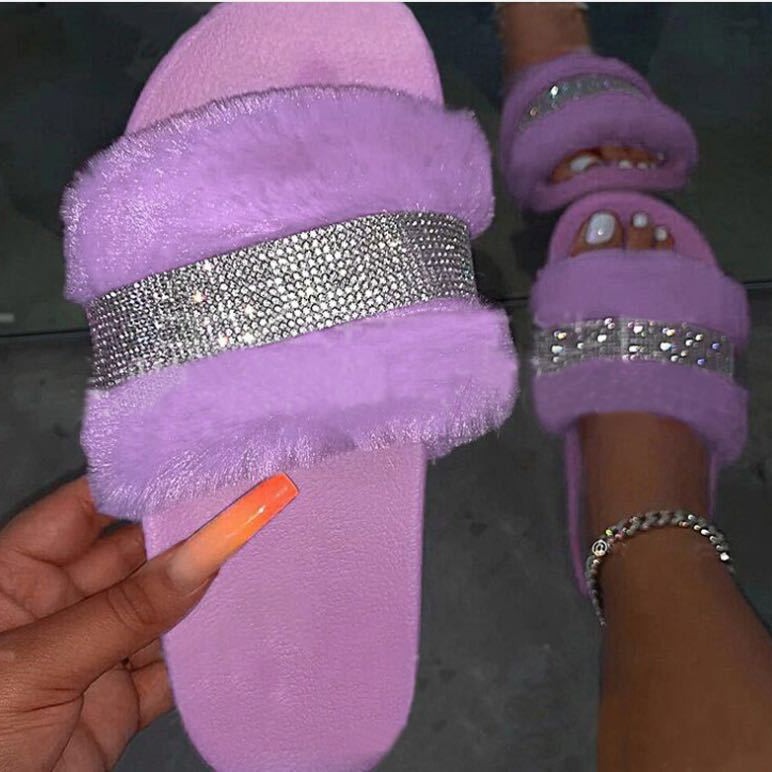 Transfronterizo 2022 AliExpress Comercio exterior 43 más tamaño de fondo grueso talón plano zapatillas de felpa zapatillas de mujer colorido brillante Rhinestone