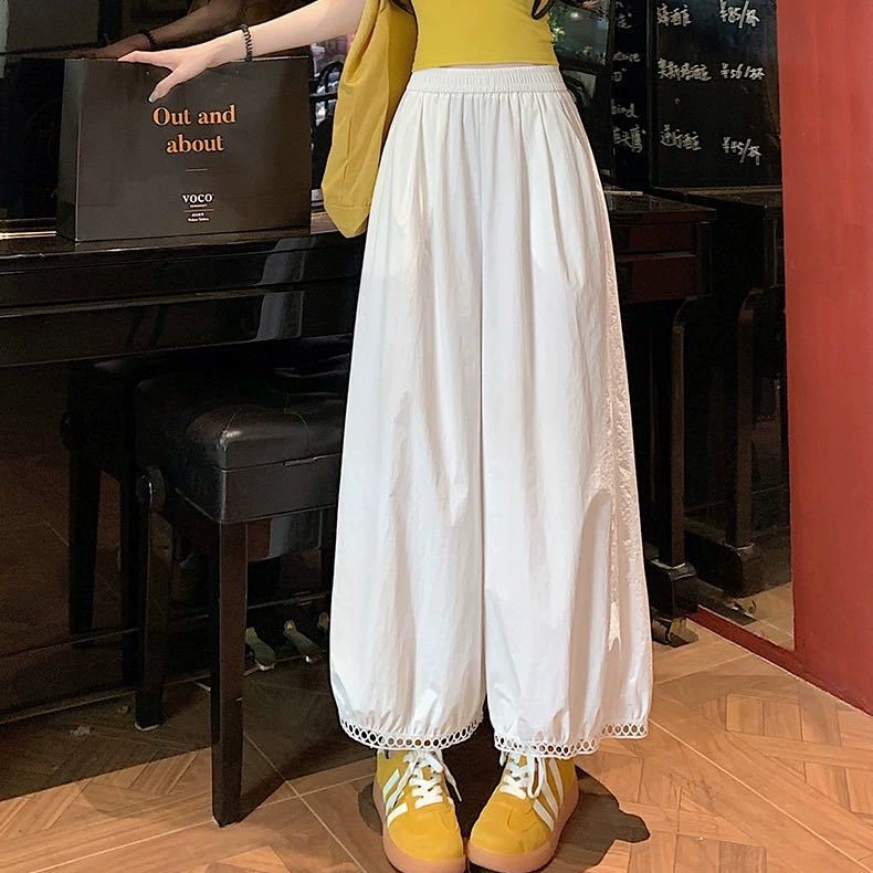 Новинка 2023 года, кружевные широкие брюки из ледяного шелка, женские летние тонкие дизайнерские повседневные шаровары с высокой талией и девятью точками