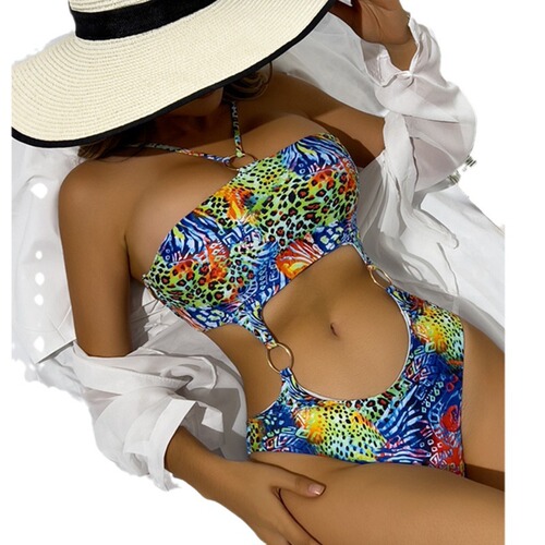 Cross-border European and American foreign trade colorful leopard print hollow fashionable sexy one-piece swimsuit DY014