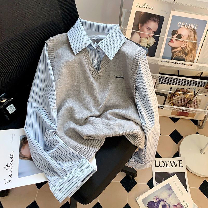 2025秋冬新款条纹假两件拼接衬衫女韩系polo领叠穿针织上衣冰丝