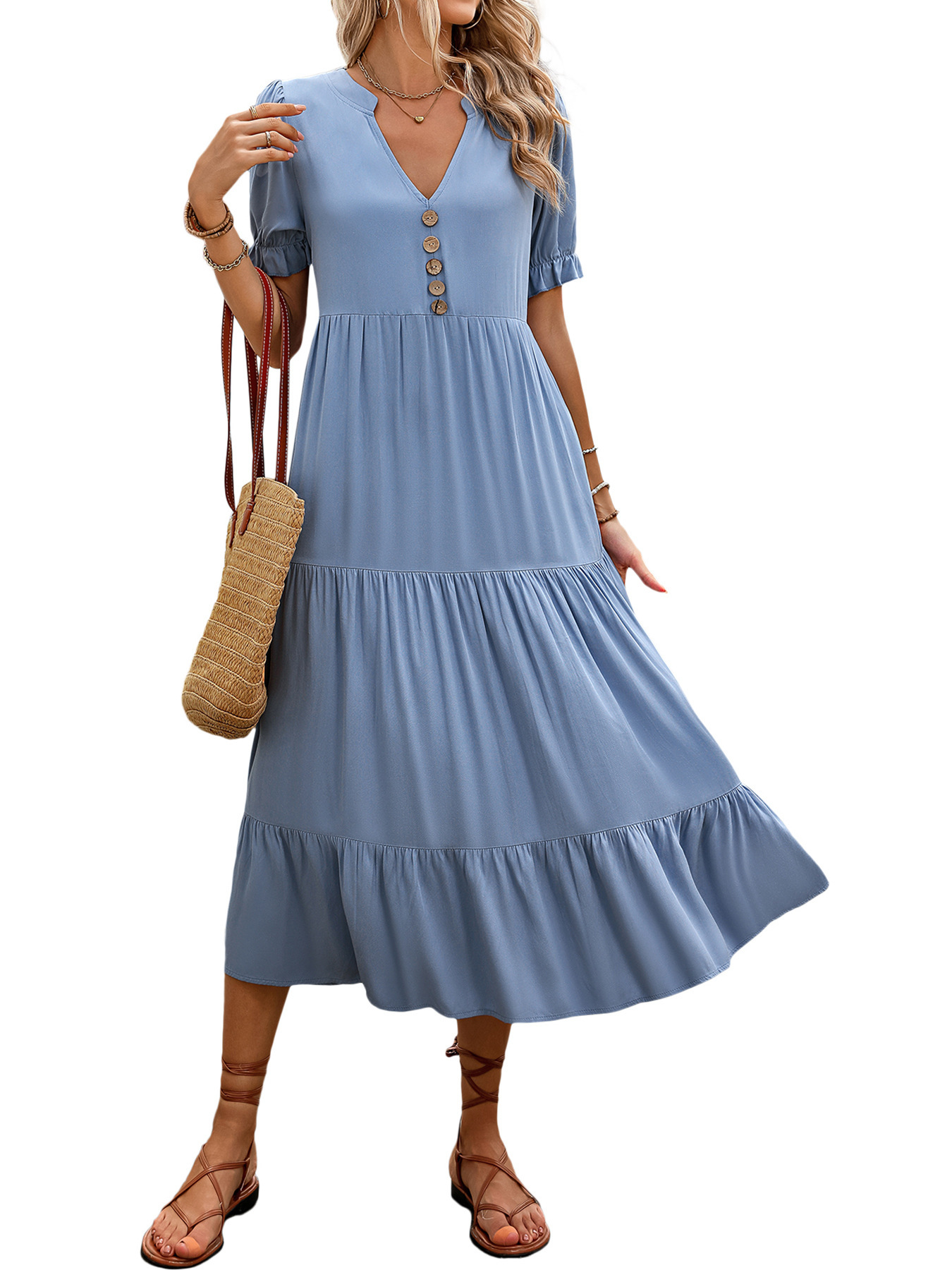 Long Skirt Summer A-Line Casual Small Stand-Up Collar Dress_ecoleips.com
