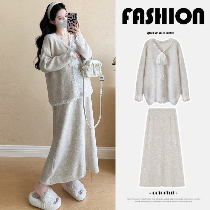 Sweet Maternity Autumn Suit for Small People, New Autumn and Winter Lace Splicing Sweater, Pregnant Mother Skirt, Fashionable Two-Piece Set Sweet Maternity Autumn Suit for Small People, New Autumn and Winter Lace Splicing Sweater, Pregnant Mother Skirt, Fashionable Two-Piece Set