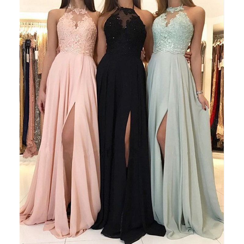 2020 New Summer Style European and American Amazon Halterneck Lace Chiffon Dress Prom Evening Dress Slit Long Skirt New Style