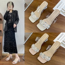 法式透明水晶镶钻粗跟拖鞋女鞋2024新款夏季外穿水钻高跟凉鞋大码