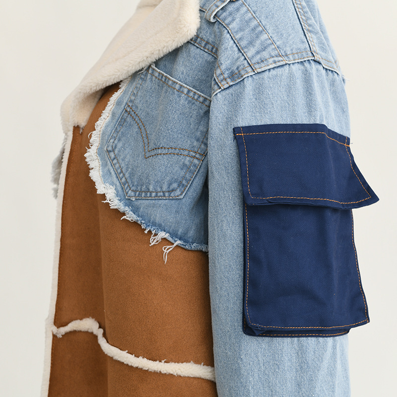 Women's Denim Patchwork Coat With Lamb Wool Lining For Winter_voghion.com