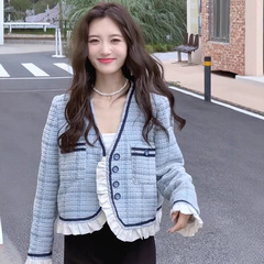 小香风气质拼接木耳花边短外套女2025新款复古甜美显瘦格纹上衣女