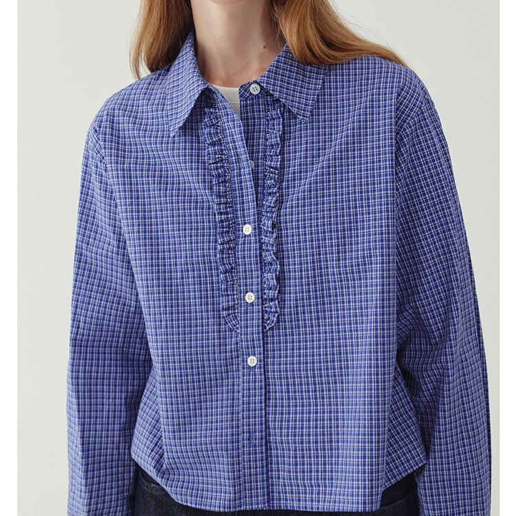 미라 블루 프랑스 격자 무늬 셔츠 2024 초기 가을 하이 엔드 느슨한 짧은 면 탑