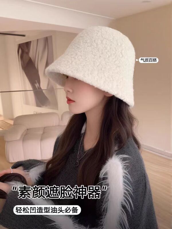 帽子女秋冬季羊羔毛渔夫帽黑色素颜显脸小水桶帽大脸保暖毛绒盆帽|undefined
