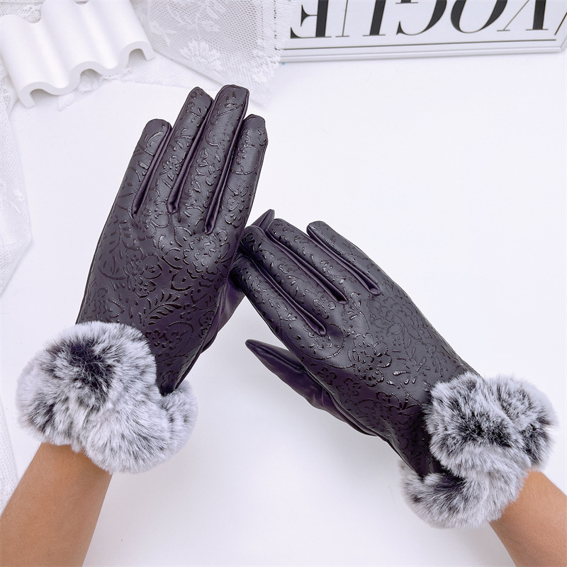 Simple casual leather gloves women's autumn and winter outdoor riding touch screen gloves fleece warm PU gloves_voghion.com