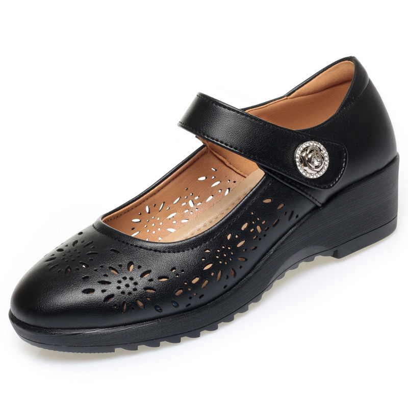 Sandal nữ da thật đế mềm kiểu đục lỗ thoáng khí — Đen【Kiểu đục lỗ】