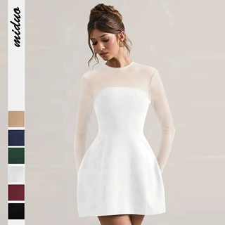 欧美秋冬外贸新款女装时尚网纱拼接收腰拉链镂空纯色连衣裙晚礼服