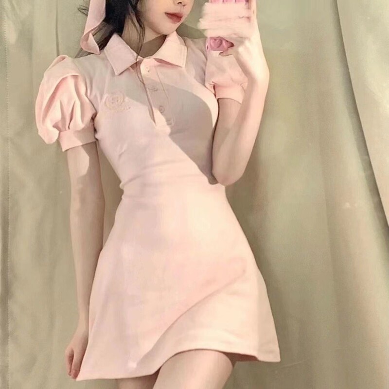 Hot Girl Polo Collar Shirt Dress Women's New Summer Waist Slimming Look Puff Sleeve Short Skirt Pink Skirt