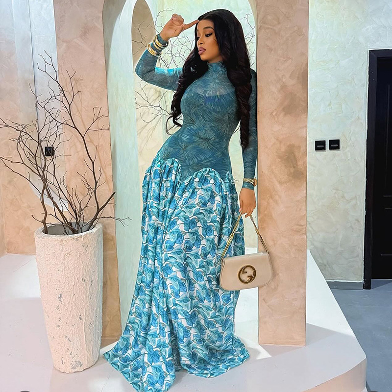 European and American Style Ins Cross-Border Printed Splicing Women's Slightly See-Through Fresh A-Line Skirt High-Neck Elastic Slim Long-Sleeved Dress
