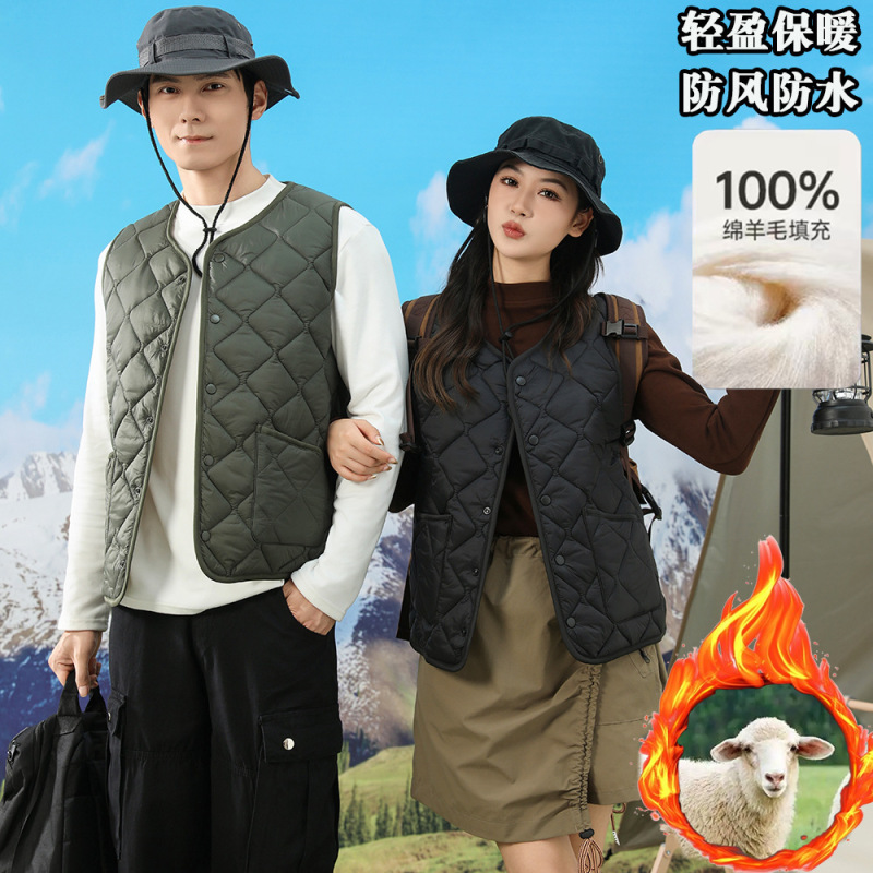 100绵羊毛充气绒马甲男女款面包服秋冬防风防水外穿坎肩保暖马夹|undefined