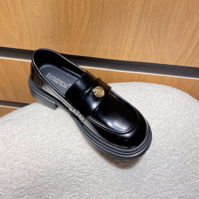 Giày lười nữ da phong cách Anh khóa xu, đế dày gót 3–5 cm, mũi tròn, size lớn — Màu Đen/lót nhung, Màu đen/lót một lớp