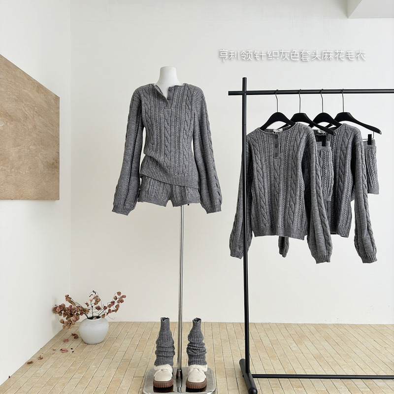 2025 Real Shot Gray Pullover Twist Sweater Women's Winter Slimming Look Henry Collar Knitted Top