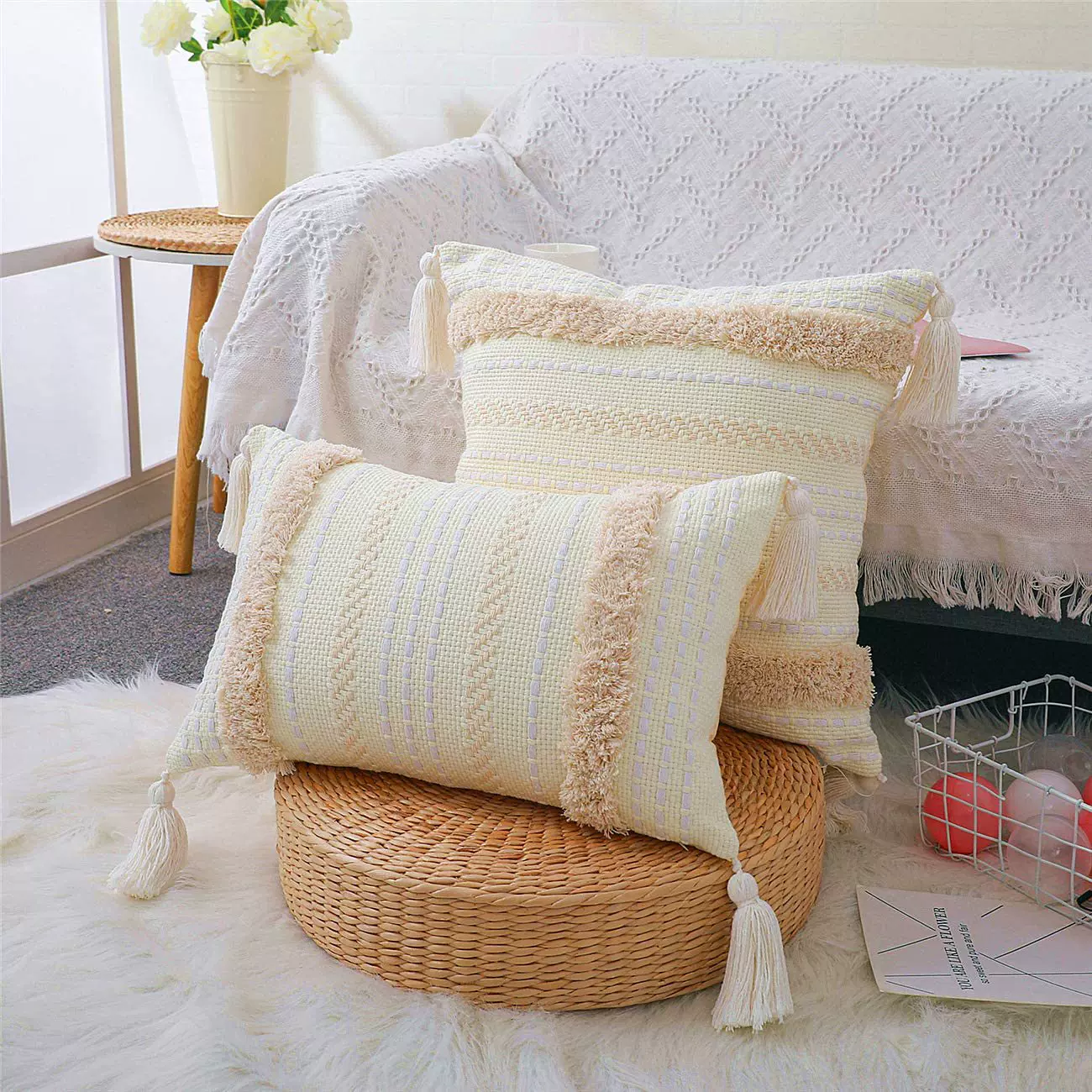 轻奢纯棉编织波西米亚簇绒抱枕套腰枕沙发床头靠垫卧室装饰抱枕