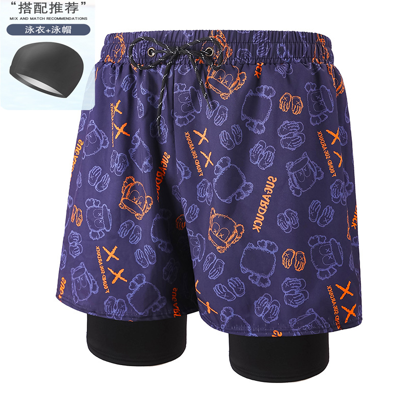 Orange monkey head 001-5 men's swimming trunks with swimming cap