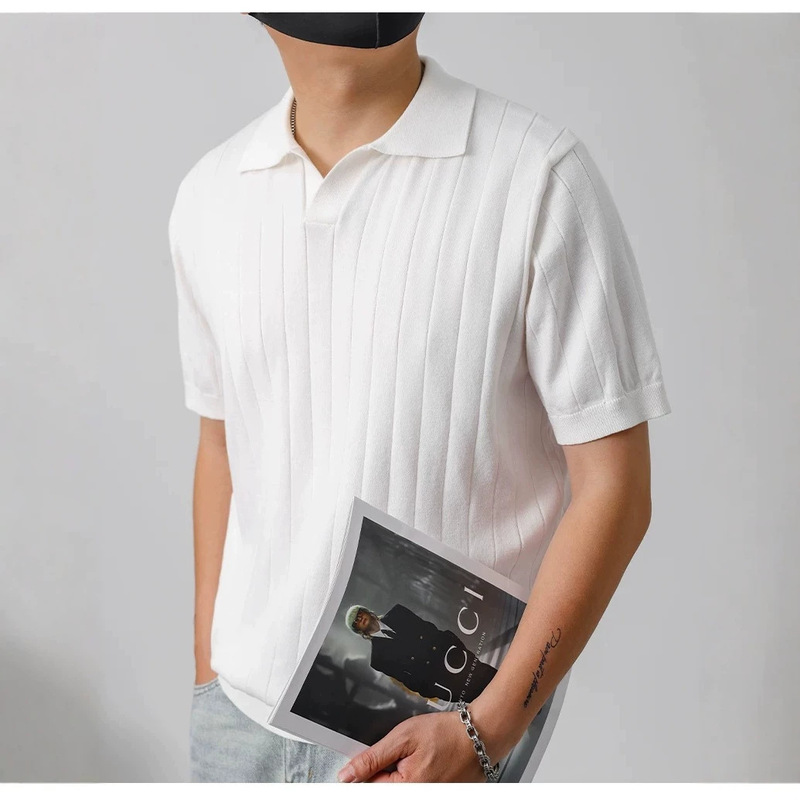 Light Luxury and High-End Feel Ribbed Knit Polo Shirt for Men, Spring and Summer, Seagull Collar, Business Short-Sleeve T-Shirt, Loose Fit for Daily Commuting Light Luxury and High-End Feel Ribbed Knit Polo Shirt for Men, Spring and Summer, Seagull Collar, Business Short-Sleeve T-Shirt, Loose Fit for Daily Commuting