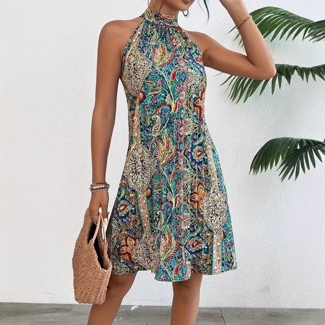 Women's Bohemian Style Pullover Sleeveless Halterneck Temperament Dress Beach Resort Style_ecoleips.com