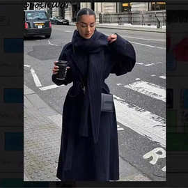欧美风跨境秋冬女装时尚休闲气质带围巾中长款风衣