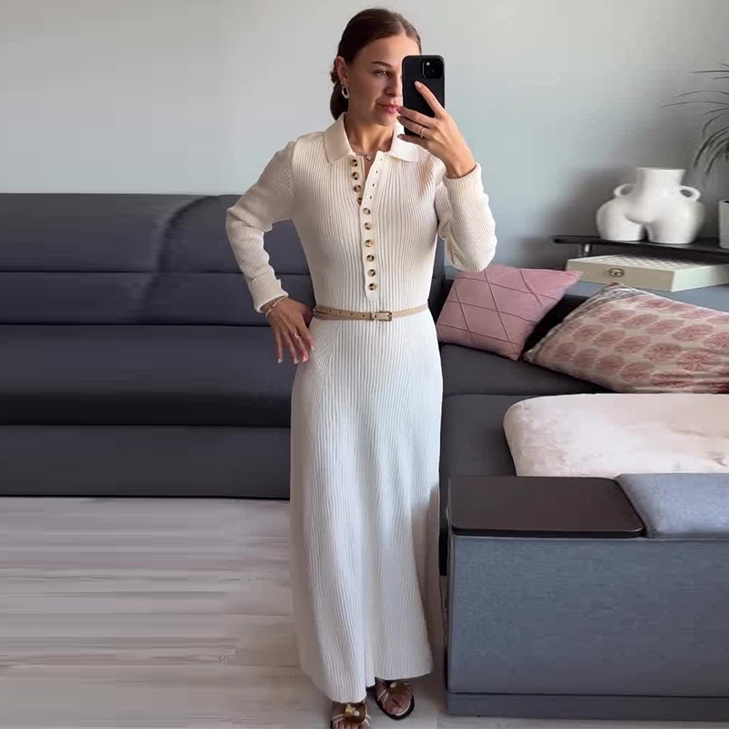 2025 New Autumn European and American Amazon Cross-Border Export Women's Polo Collar Long-Sleeved Waist Pure Color Simple Long Skirt