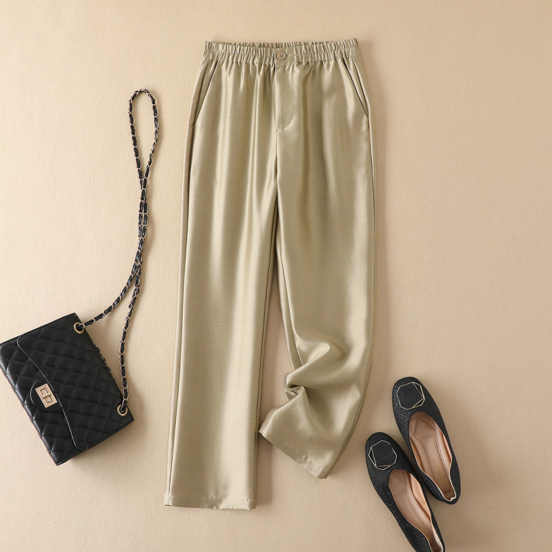 High-Quality Mulberry Silk Wool Cigarette Pants for Women, Summer Style, High-Waisted, Slimming, Silk Wool Cropped Casual Straight-Leg Pants