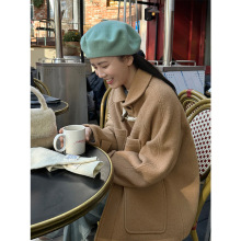 时简 娃娃领学院风双面呢女冬新款羊毛牛角扣多口袋呢子大衣85611