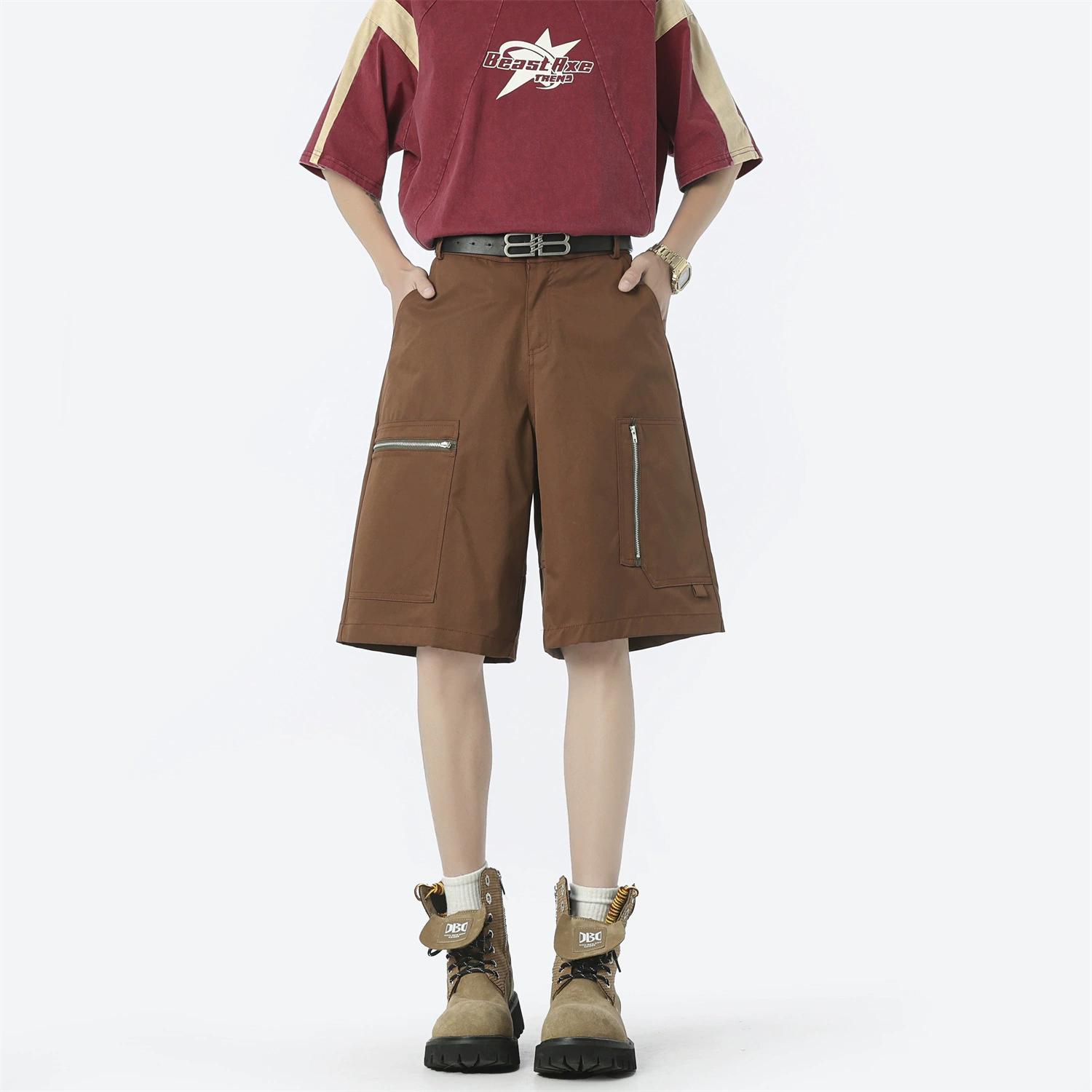 Мужские карго-шорты с американской молнией, множеством карманов, свободного прямого кроя, до колена, летняя новинка 2025 года