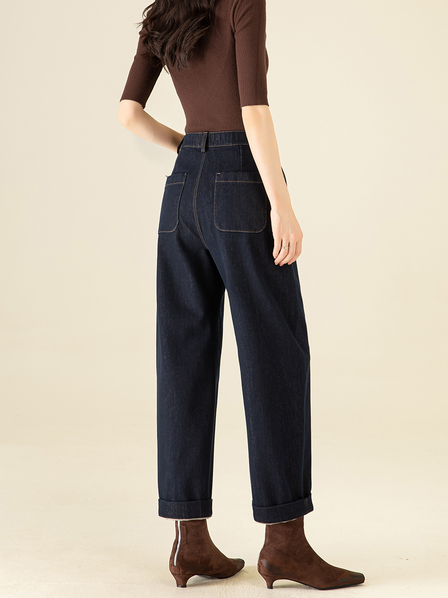 Quần jean nữ cạp cao ống rộng lót lông cừu dày dặn — Xanh denim
