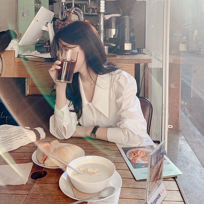 Sun Protection French Retro Style Simple and Versatile Long-sleeved Lapel Puff Sleeve White Shirt 2024 New Top for Women