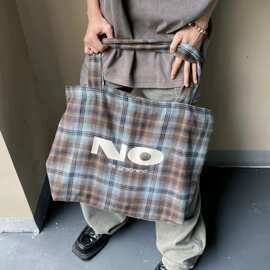 日韩系精致四色格纹帆布包通勤大容量收纳格子包包布艺单肩斜挎包