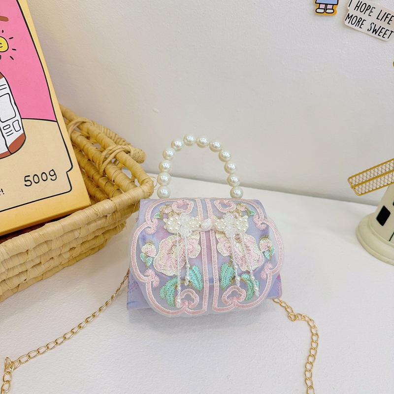 Chica linda princesa bolso de perlas encaje bordado portátil todo fósforo pequeño bolso cuadrado estilo étnico bolso de mensajero para niños