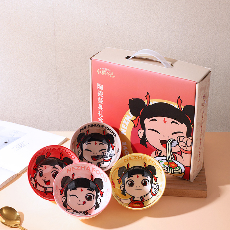 Tazón de arroz para niños Nezha para niños, vajilla linda de color bajo vidriado, suplemento de alimentos para el hogar creativo de alto valor, padres e hijos se mudan a un nuevo hogar