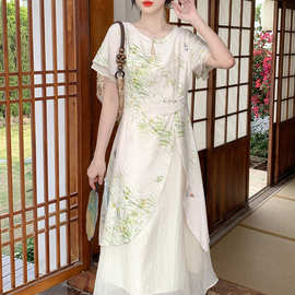 已出货国风新中式改良旗袍盘扣假两件连衣裙女夏季汉元素长裙子